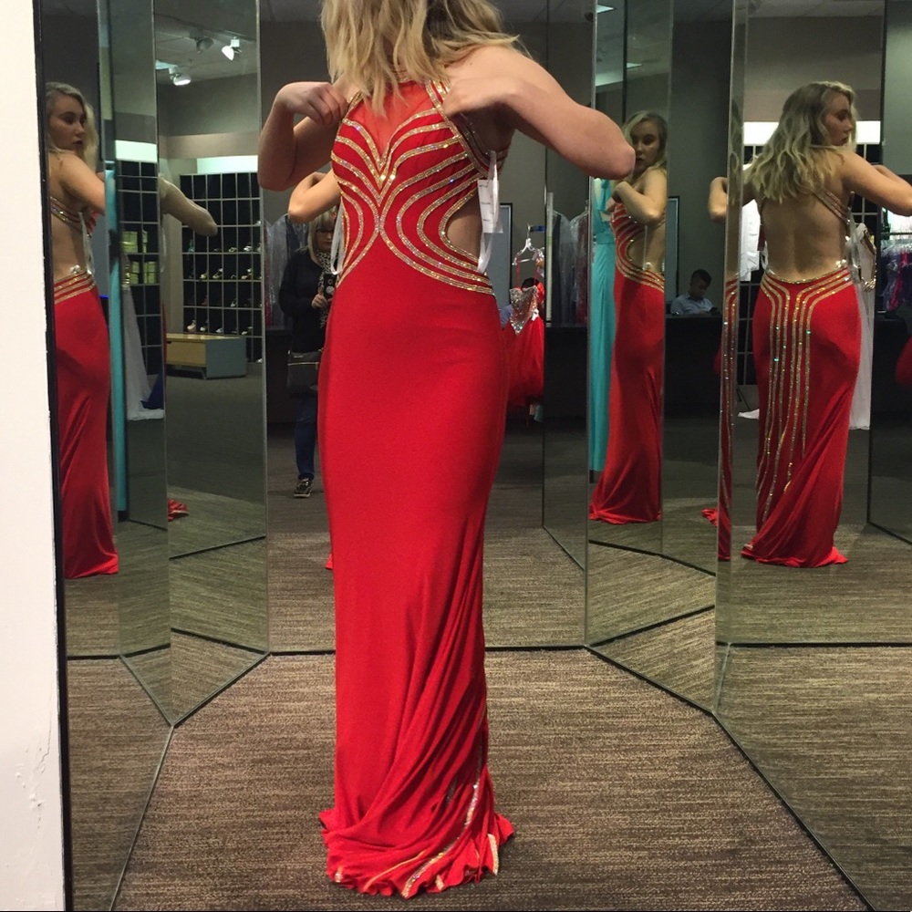 red/gold Jovani prom dress